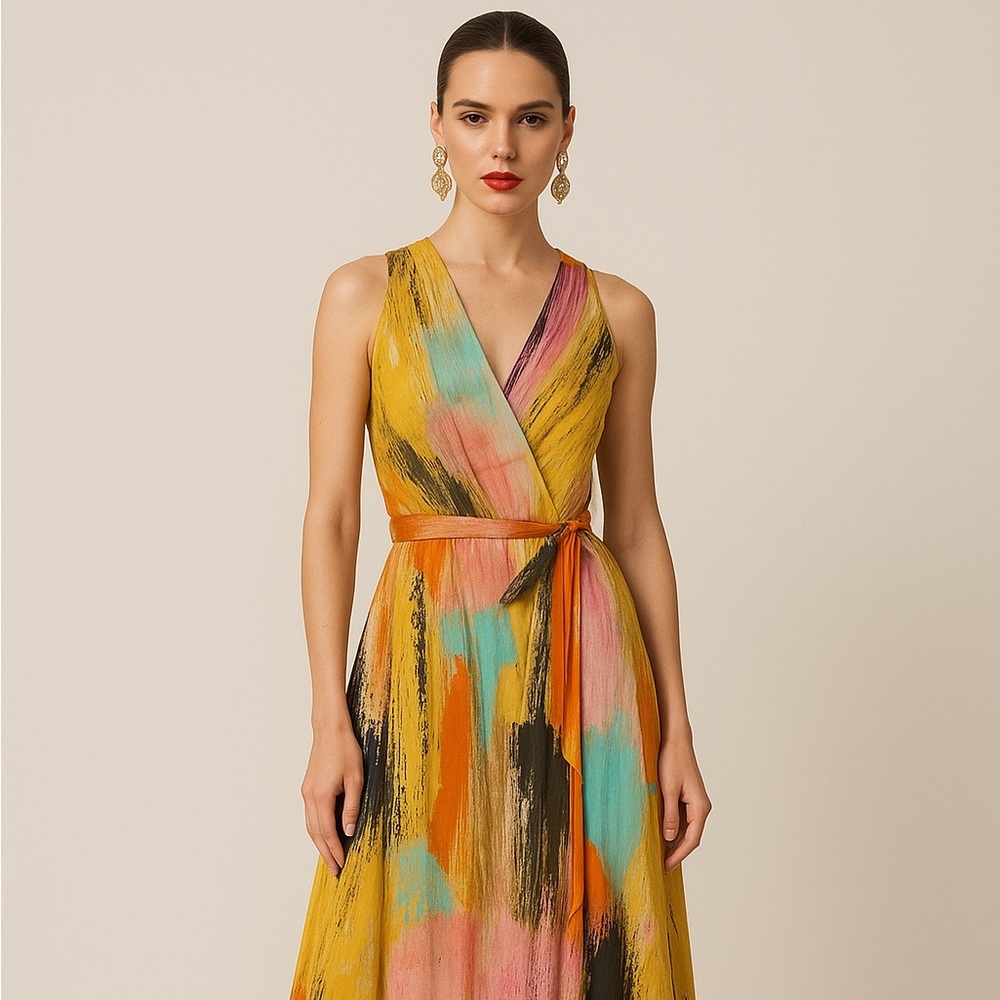 Chetta B Halter Tie Front Maxi Dress in Pink and Orange - Picture 2 of 15